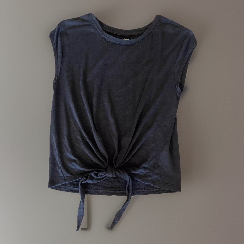 Margaret O Leary Linen Shirt Top Sz S Black Tie Front Breathable Nice Condition